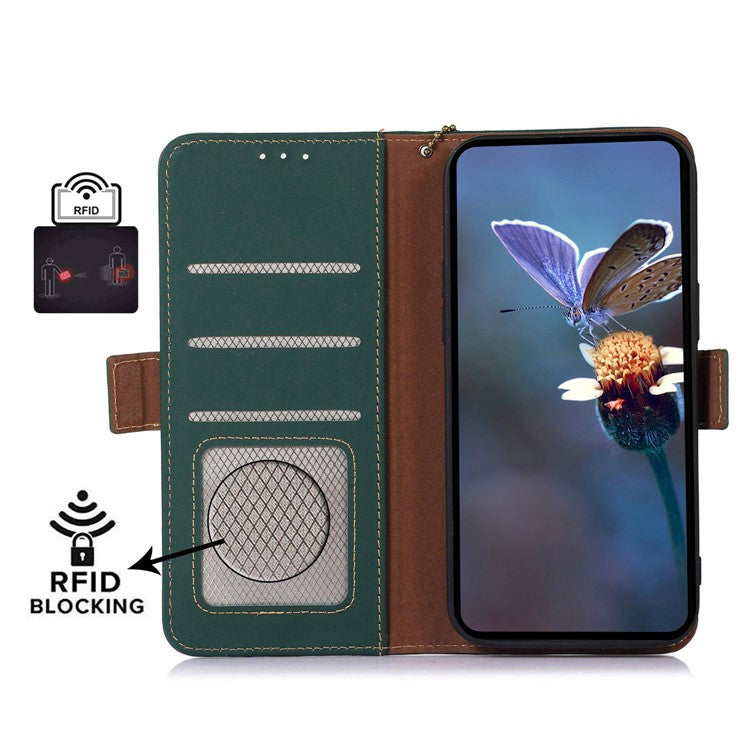 For Motorola Moto G64 5G Case Anti-Scratch Genuine Cow Leather Phone Cover RFID Blocking Wallet - Green