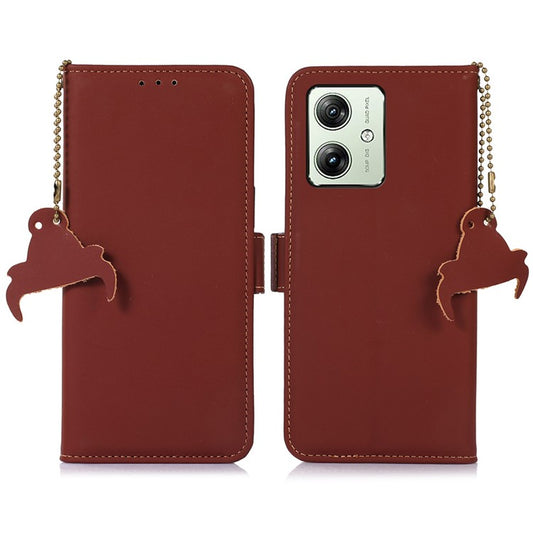 For Motorola Moto G64 5G Case Anti-Scratch Genuine Cow Leather Phone Cover RFID Blocking Wallet - Coffee