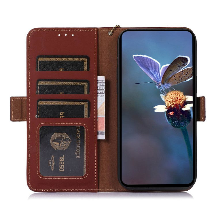 For Motorola Moto G64 5G Case Anti-Scratch Genuine Cow Leather Phone Cover RFID Blocking Wallet - Coffee