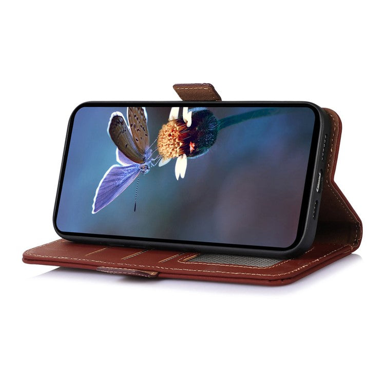 For Motorola Moto G64 5G Case Anti-Scratch Genuine Cow Leather Phone Cover RFID Blocking Wallet - Coffee