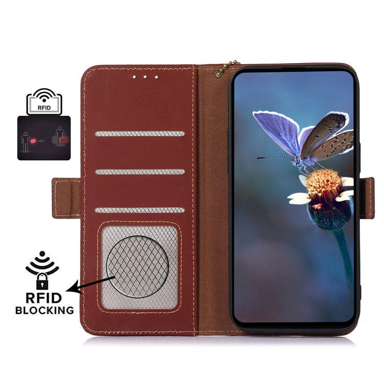 For Motorola Moto G64 5G Case Anti-Scratch Genuine Cow Leather Phone Cover RFID Blocking Wallet - Coffee