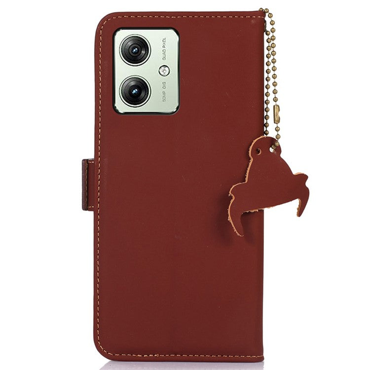 For Motorola Moto G64 5G Case Anti-Scratch Genuine Cow Leather Phone Cover RFID Blocking Wallet - Coffee