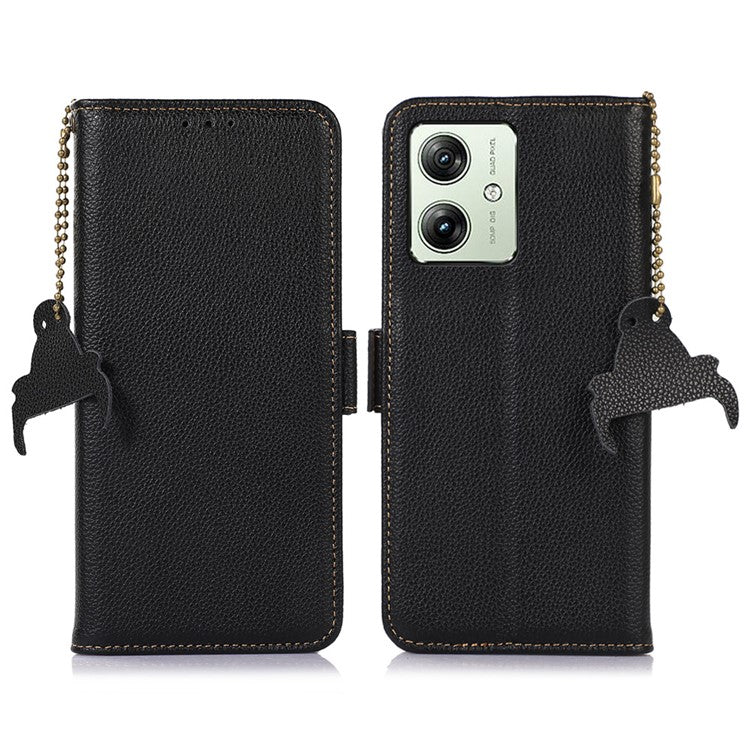 For Motorola Moto G64 5G Phone Case RFID Blocking Textured Genuine Cow Leather Flip Cover - Black