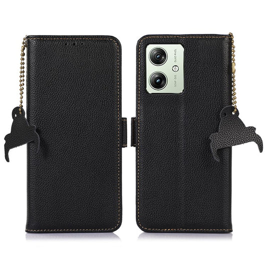For Motorola Moto G64 5G Phone Case RFID Blocking Textured Genuine Cow Leather Flip Cover - Black