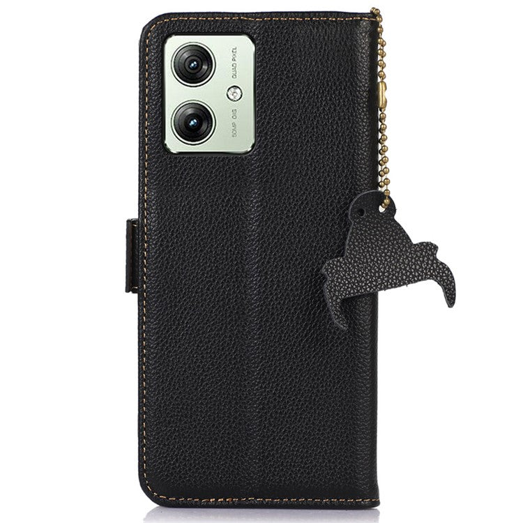 For Motorola Moto G64 5G Phone Case RFID Blocking Textured Genuine Cow Leather Flip Cover - Black