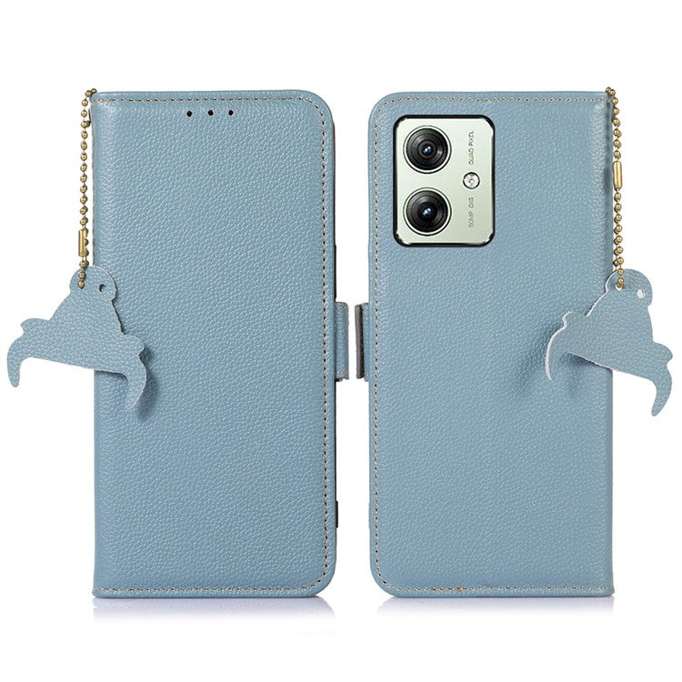 For Motorola Moto G64 5G Phone Case RFID Blocking Textured Genuine Cow Leather Flip Cover - Blue