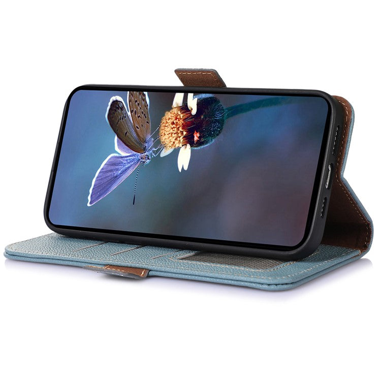 For Motorola Moto G64 5G Phone Case RFID Blocking Textured Genuine Cow Leather Flip Cover - Blue