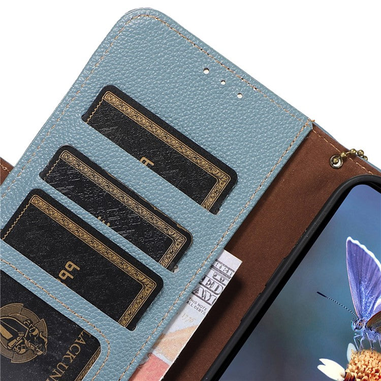 For Motorola Moto G64 5G Phone Case RFID Blocking Textured Genuine Cow Leather Flip Cover - Blue