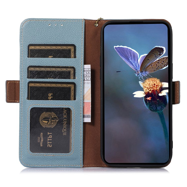 For Motorola Moto G64 5G Phone Case RFID Blocking Textured Genuine Cow Leather Flip Cover - Blue
