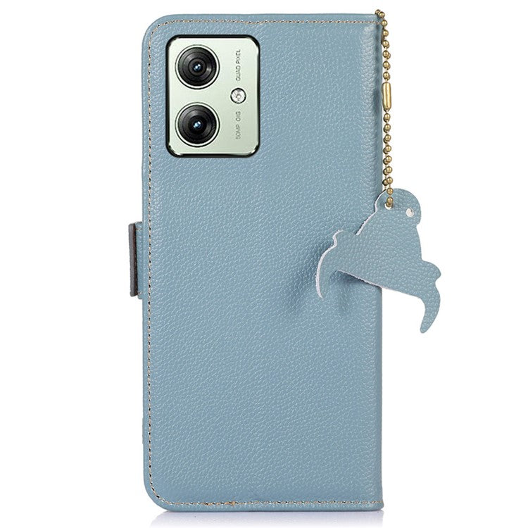 For Motorola Moto G64 5G Phone Case RFID Blocking Textured Genuine Cow Leather Flip Cover - Blue