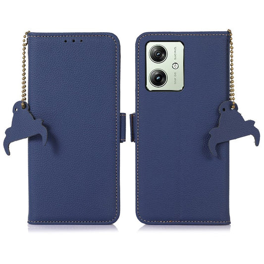 For Motorola Moto G64 5G Phone Case RFID Blocking Textured Genuine Cow Leather Flip Cover - Sapphire