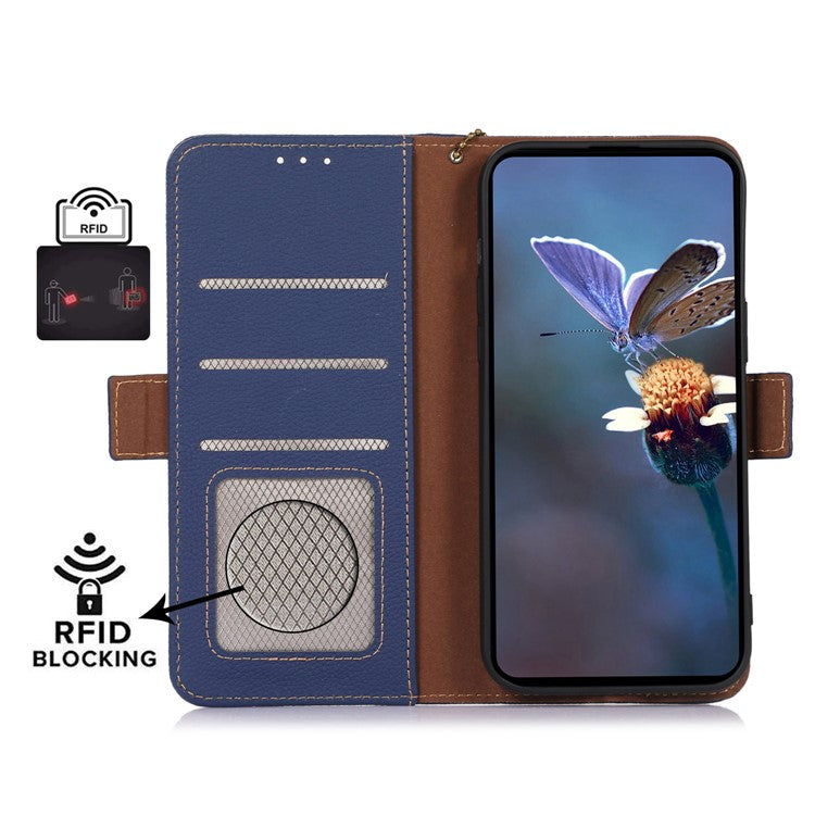For Motorola Moto G64 5G Phone Case RFID Blocking Textured Genuine Cow Leather Flip Cover - Sapphire