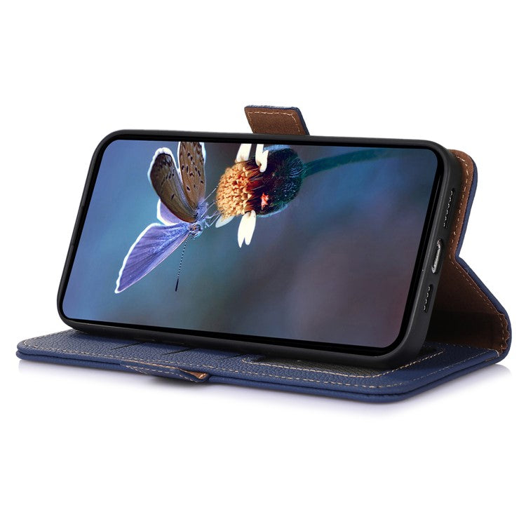 For Motorola Moto G64 5G Phone Case RFID Blocking Textured Genuine Cow Leather Flip Cover - Sapphire