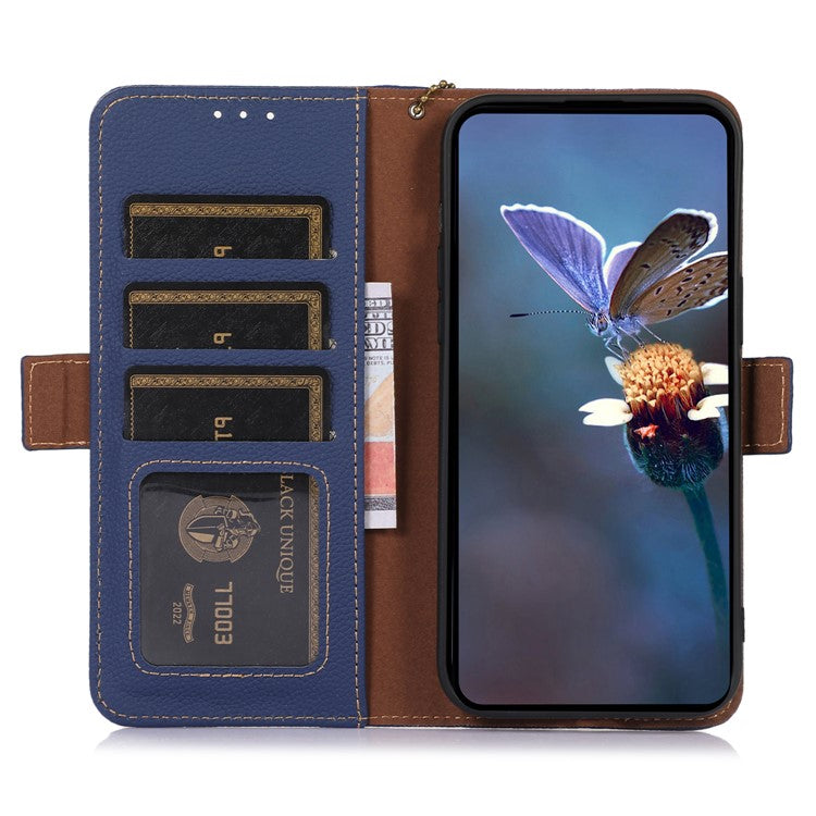For Motorola Moto G64 5G Phone Case RFID Blocking Textured Genuine Cow Leather Flip Cover - Sapphire
