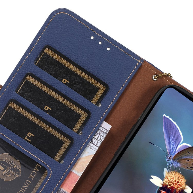 For Motorola Moto G64 5G Phone Case RFID Blocking Textured Genuine Cow Leather Flip Cover - Sapphire