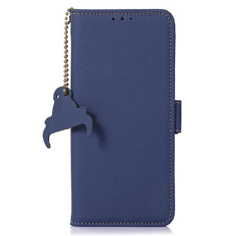 For Motorola Moto G64 5G Phone Case RFID Blocking Textured Genuine Cow Leather Flip Cover - Sapphire