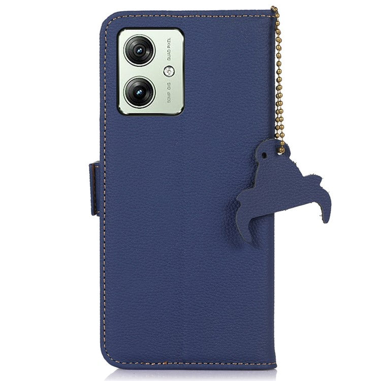 For Motorola Moto G64 5G Phone Case RFID Blocking Textured Genuine Cow Leather Flip Cover - Sapphire