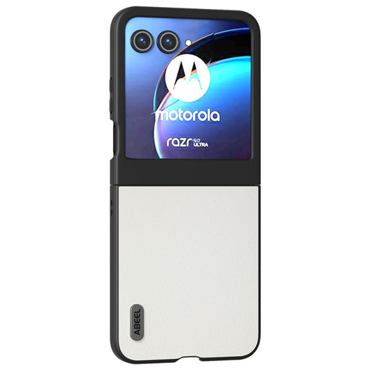 ABEEL For Motorola Razr 60 / Razr 50 5G Case Genuine Cow Leather PC Phone Cover Black Edge - White