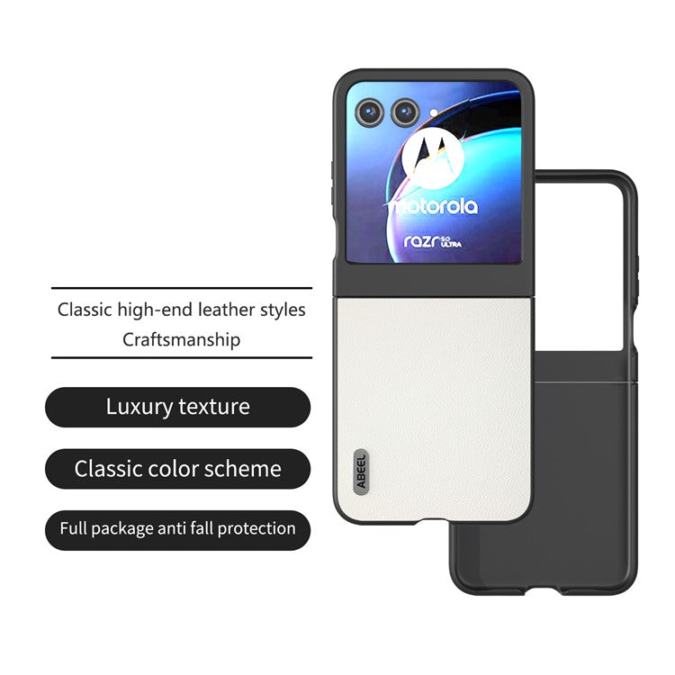 ABEEL For Motorola Razr 60 / Razr 50 5G Case Genuine Cow Leather PC Phone Cover Black Edge - White