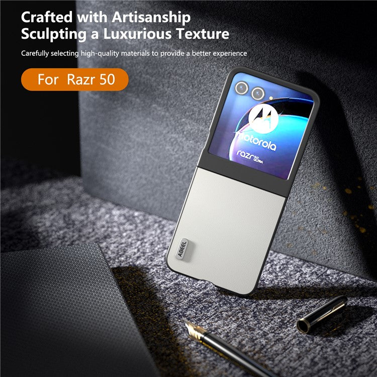 ABEEL For Motorola Razr 60 / Razr 50 5G Case Genuine Cow Leather PC Phone Cover Black Edge - White