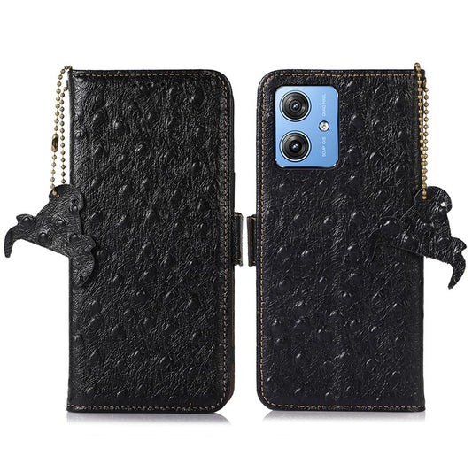 For Motorola Moto G64 5G Case RFID Blocking Genuine Cow Phone Cover Ostrich Texture - Black