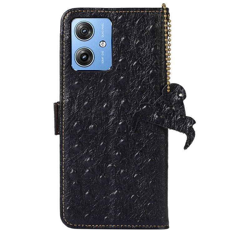 For Motorola Moto G64 5G Case RFID Blocking Genuine Cow Phone Cover Ostrich Texture - Black