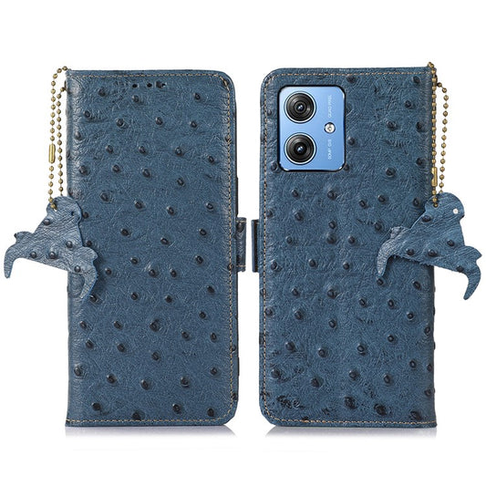 For Motorola Moto G64 5G Case RFID Blocking Genuine Cow Phone Cover Ostrich Texture - Blue