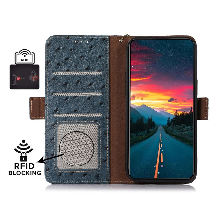 For Motorola Moto G64 5G Case RFID Blocking Genuine Cow Phone Cover Ostrich Texture - Blue
