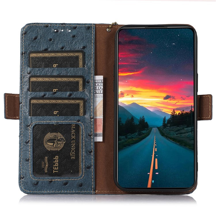 For Motorola Moto G64 5G Case RFID Blocking Genuine Cow Phone Cover Ostrich Texture - Blue