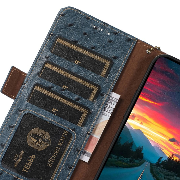 For Motorola Moto G64 5G Case RFID Blocking Genuine Cow Phone Cover Ostrich Texture - Blue