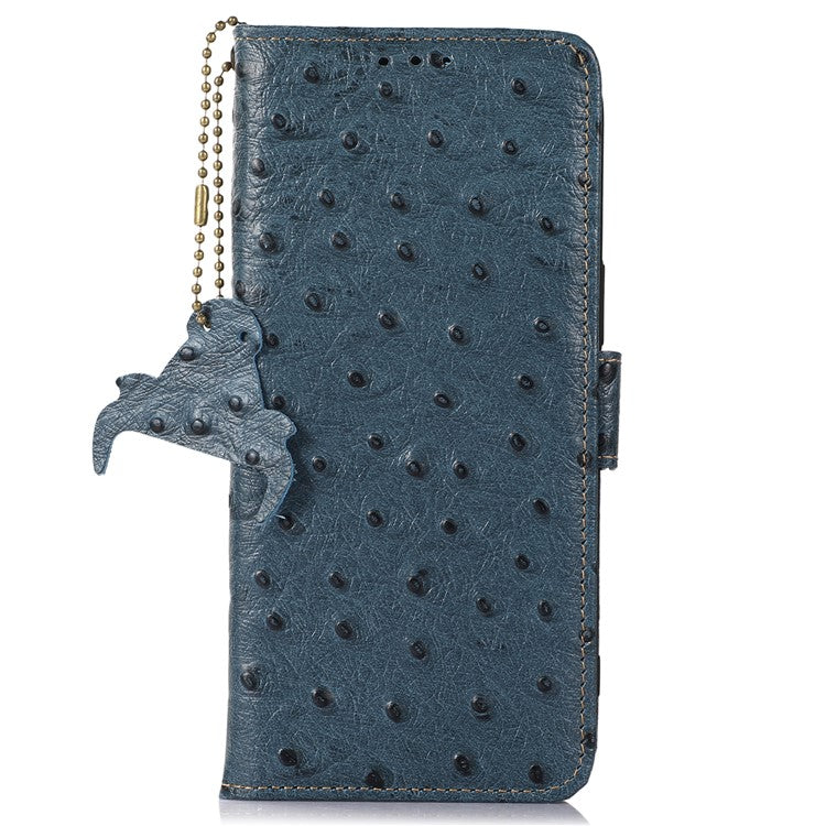 For Motorola Moto G64 5G Case RFID Blocking Genuine Cow Phone Cover Ostrich Texture - Blue
