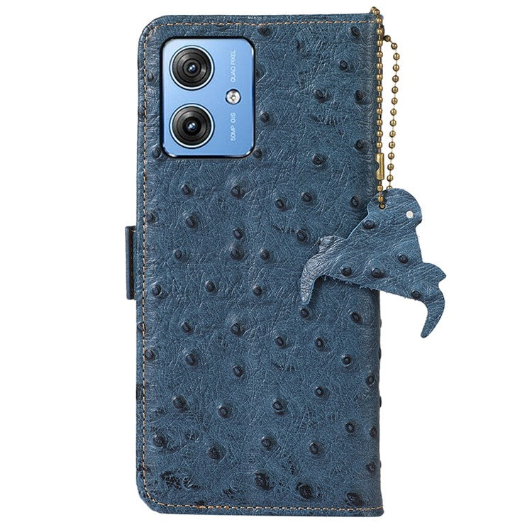 For Motorola Moto G64 5G Case RFID Blocking Genuine Cow Phone Cover Ostrich Texture - Blue