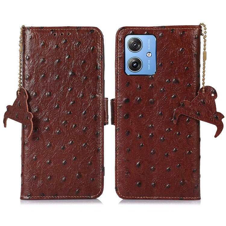 For Motorola Moto G64 5G Case RFID Blocking Genuine Cow Phone Cover Ostrich Texture - Brown