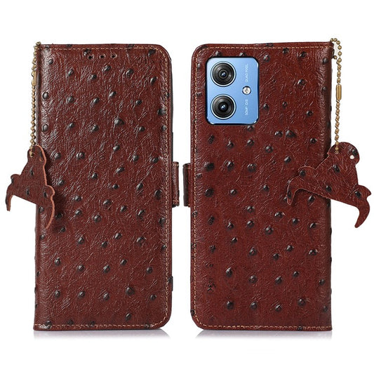 For Motorola Moto G64 5G Case RFID Blocking Genuine Cow Phone Cover Ostrich Texture - Brown