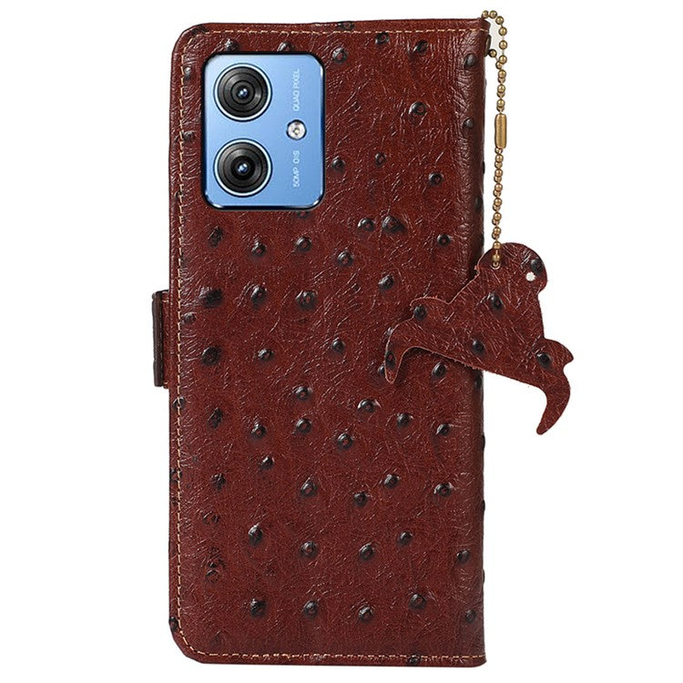 For Motorola Moto G64 5G Case RFID Blocking Genuine Cow Phone Cover Ostrich Texture - Brown