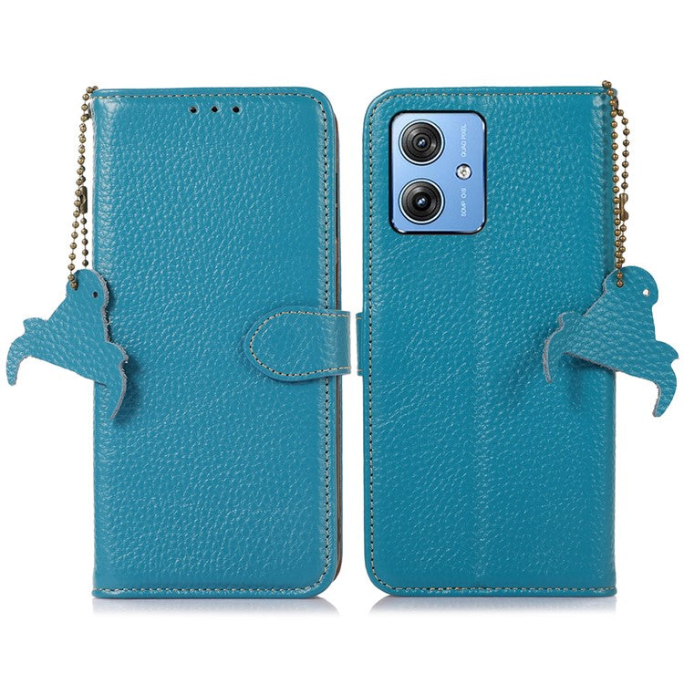 For Motorola Moto G64 5G Case RFID Blocking Genuine Cow Leather Phone Cover - Blue