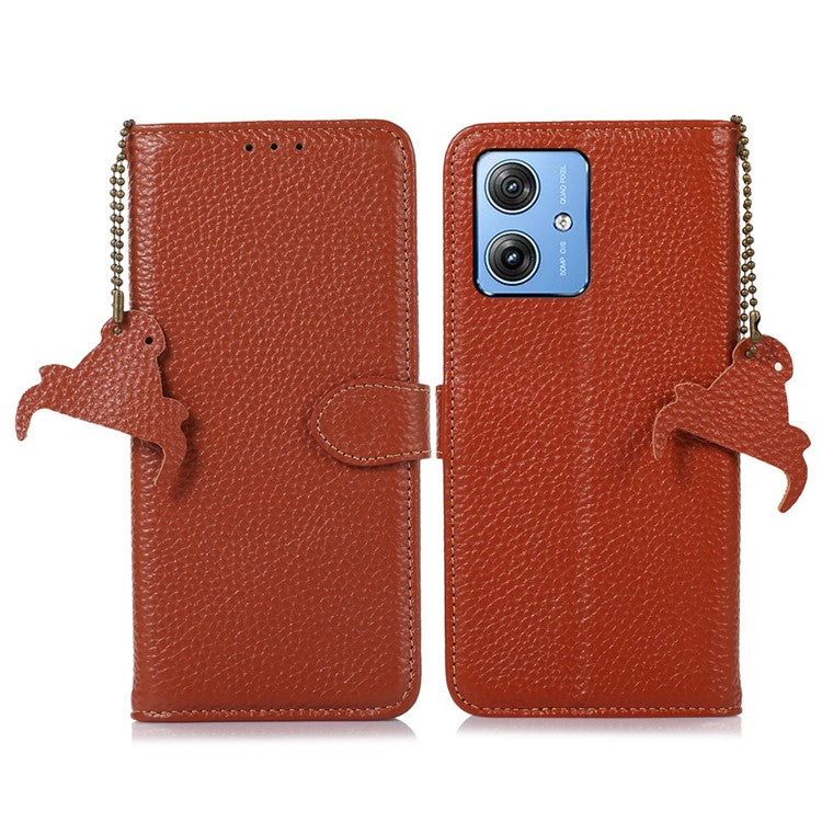 For Motorola Moto G64 5G Case RFID Blocking Genuine Cow Leather Phone Cover - Brown