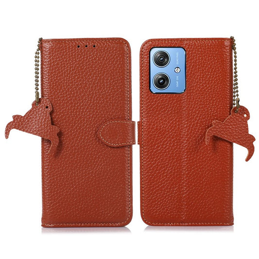 For Motorola Moto G64 5G Case RFID Blocking Genuine Cow Leather Phone Cover - Brown
