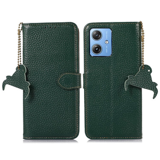 For Motorola Moto G64 5G Case RFID Blocking Genuine Cow Leather Phone Cover - Green
