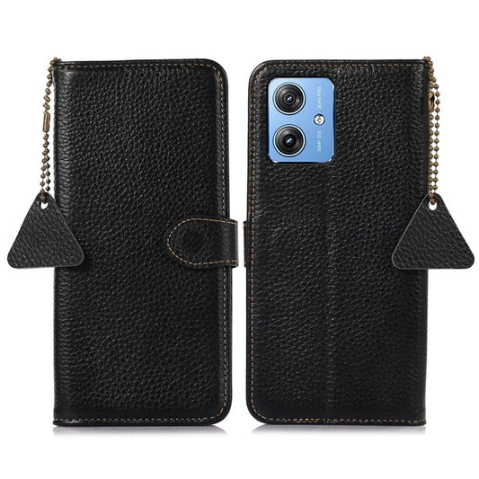 For Motorola Moto G64 5G Case RFID Blocking Genuine Cow Leather Phone Cover - Black