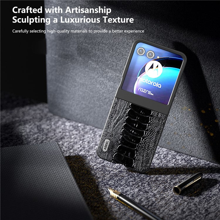 ABEEL For Motorola Razr 50 5G Case Genuine Cow Leather+PC Hard Phone Cover Crocodile Texture - Black