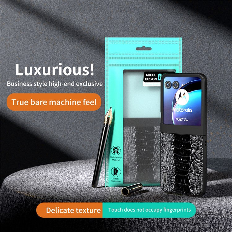 ABEEL For Motorola Razr 50 5G Case Genuine Cow Leather+PC Hard Phone Cover Crocodile Texture - Black