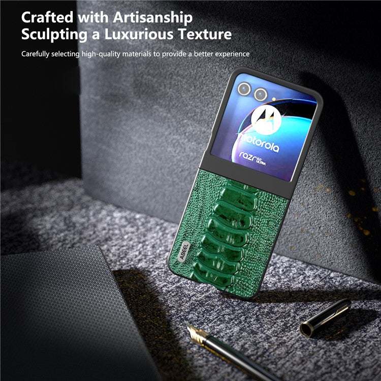ABEEL For Motorola Razr 50 5G Case Genuine Cow Leather+PC Hard Phone Cover Crocodile Texture - Green