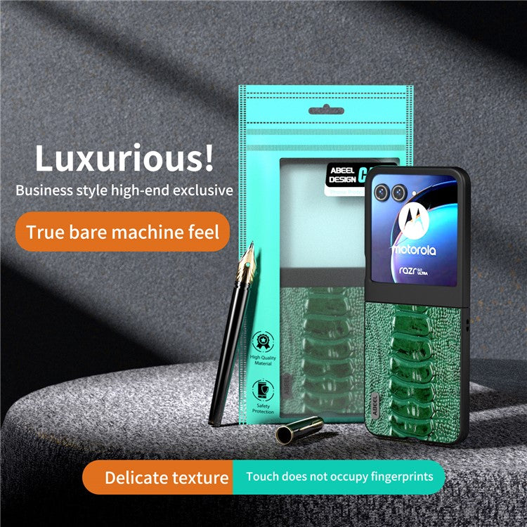 ABEEL For Motorola Razr 50 5G Case Genuine Cow Leather+PC Hard Phone Cover Crocodile Texture - Green