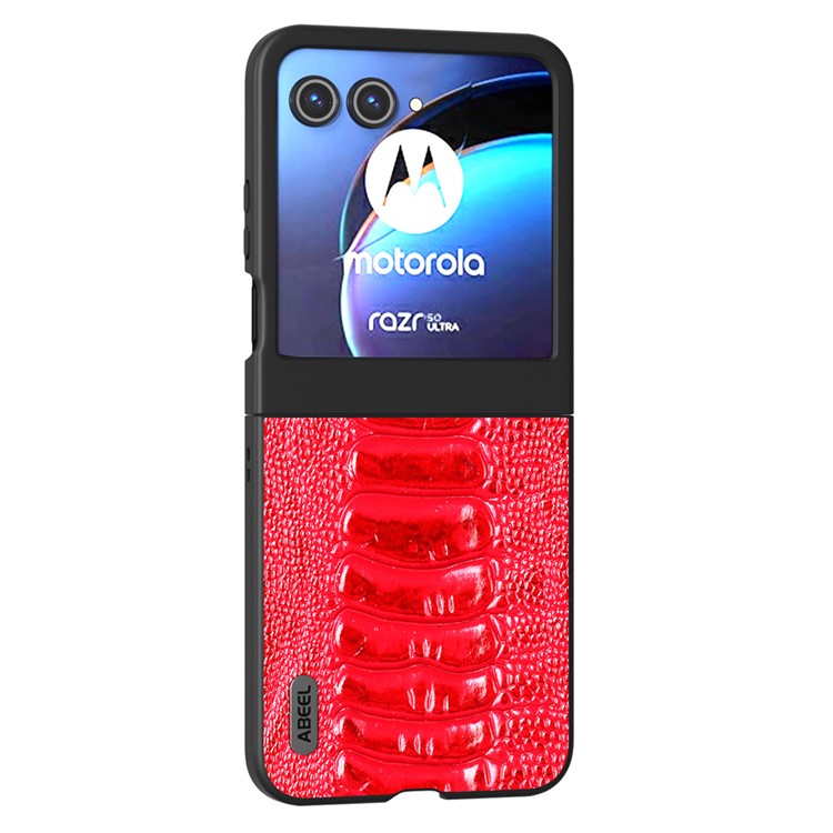 ABEEL For Motorola Razr 50 5G Case Genuine Cow Leather+PC Hard Phone Cover Crocodile Texture - Red