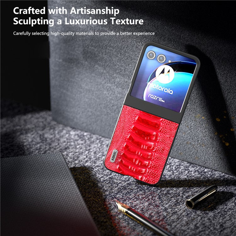 ABEEL For Motorola Razr 50 5G Case Genuine Cow Leather+PC Hard Phone Cover Crocodile Texture - Red