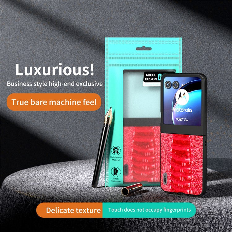 ABEEL For Motorola Razr 50 5G Case Genuine Cow Leather+PC Hard Phone Cover Crocodile Texture - Red