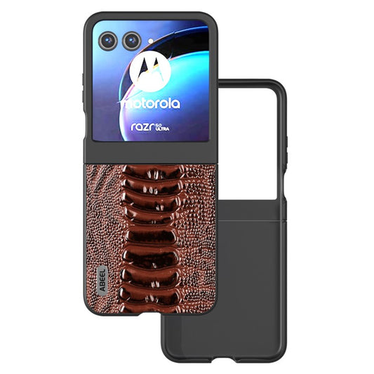ABEEL For Motorola Razr 50 5G Case Genuine Cow Leather+PC Hard Phone Cover Crocodile Texture - Coffee