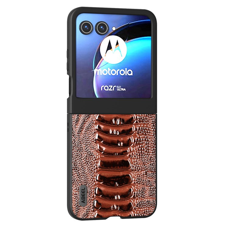 ABEEL For Motorola Razr 50 5G Case Genuine Cow Leather+PC Hard Phone Cover Crocodile Texture - Coffee