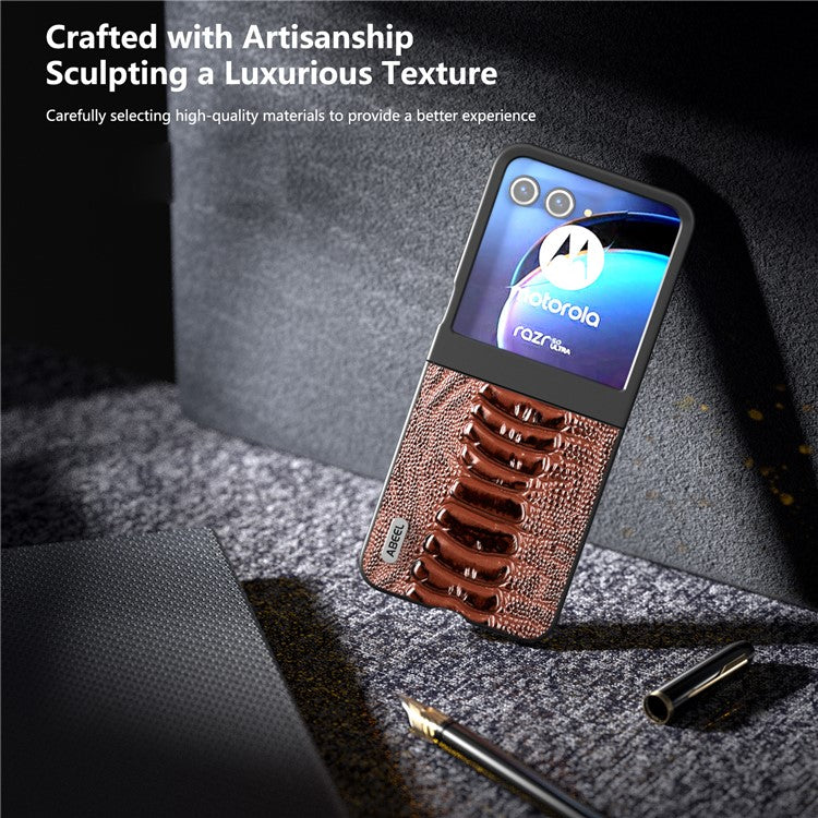 ABEEL For Motorola Razr 50 5G Case Genuine Cow Leather+PC Hard Phone Cover Crocodile Texture - Coffee